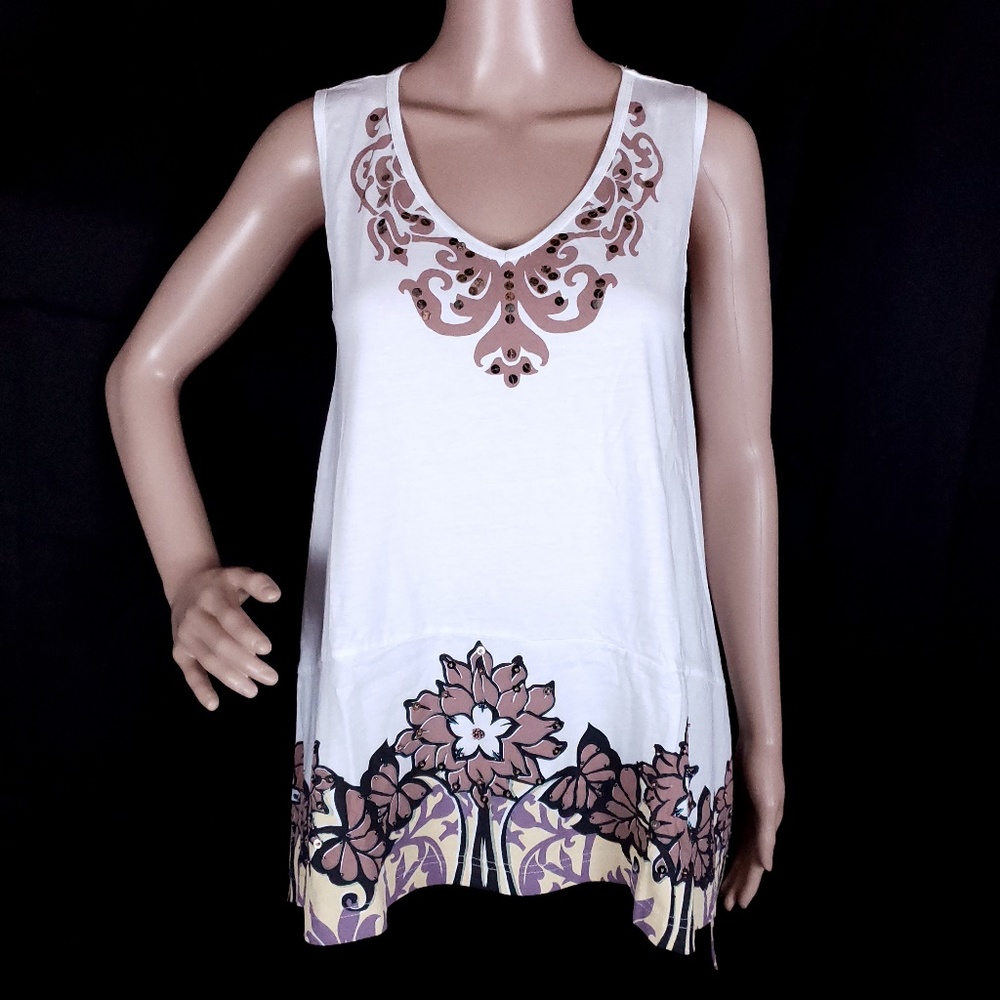 LA Blend Women Top Blouse Beaded Sequin Floral V-neck White Brown Size M - NWT
